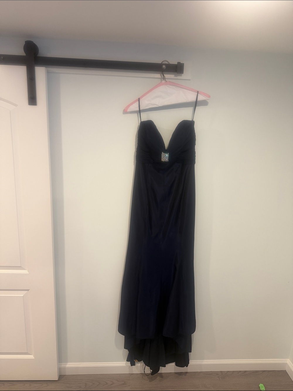 Jovani Navy Strapless High-Low Evening Dress with Rhinestone Accent